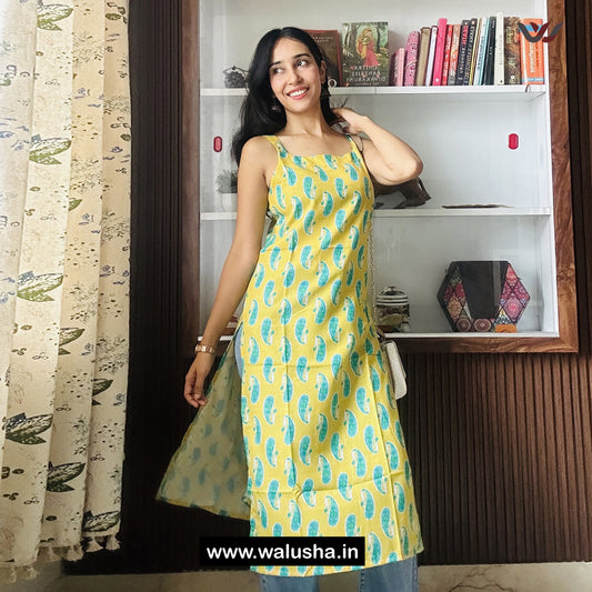 Sunshine Yellow Printed Sleeveless Kurti