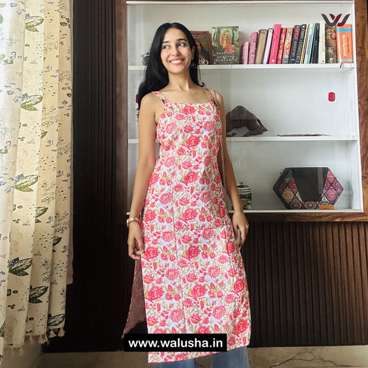 White And Pink Sleeveless Floral Printed Kurti