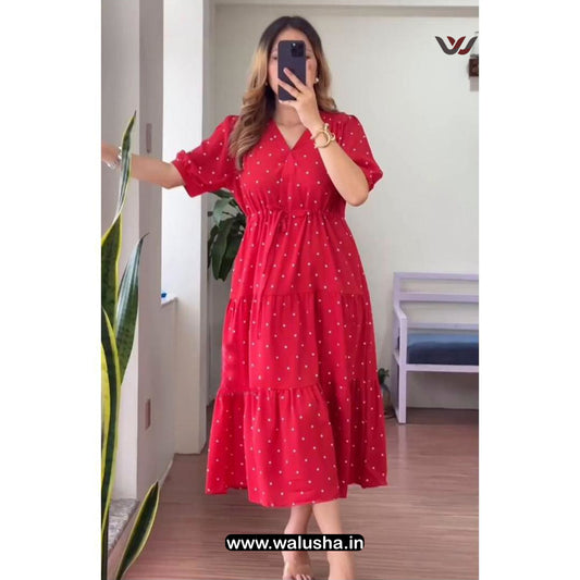 Red Polka Dot Printed Cotton Maxi Dress