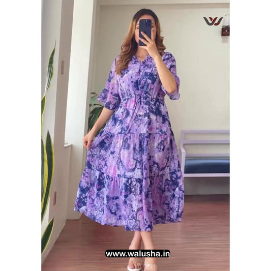 Purple Floral Printed Designer Cotton Maxi Dress