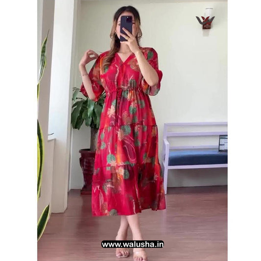 Red And Green Floral Printed Organza Maxi Dress