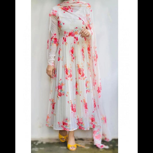 White Floral Printed Long Kurtis With Dupatta