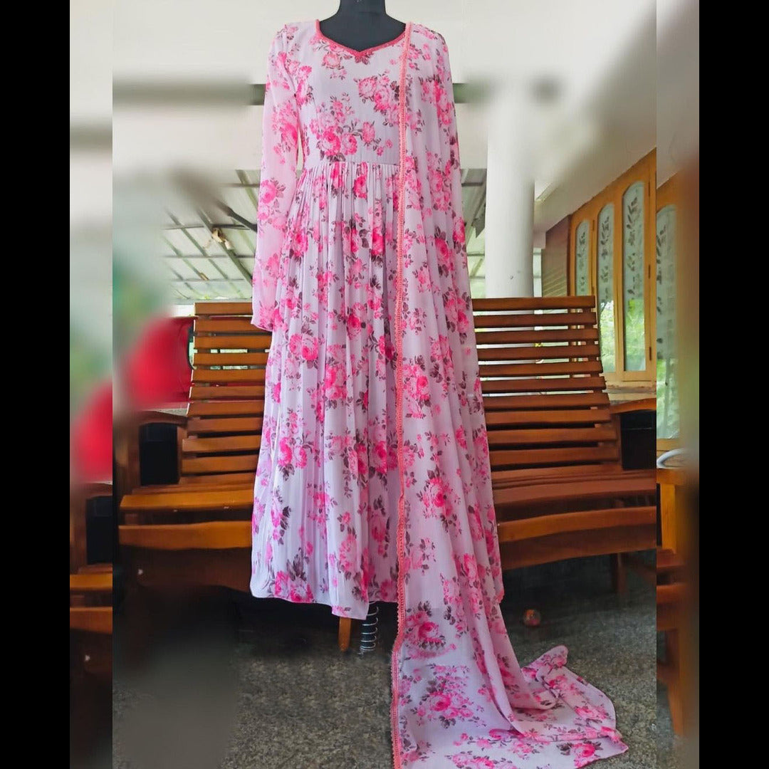 White And Pink Floral Printed Kurtis With Dupatta