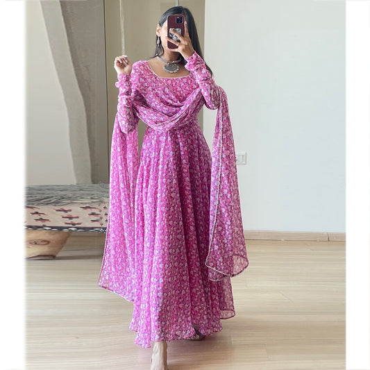 Pink All Over Printed Long Kurtis With Dupatta