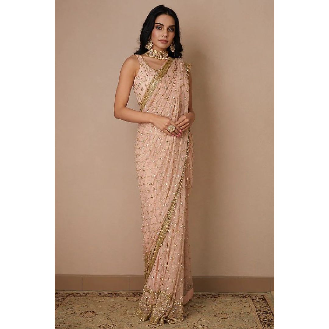 Peach Color Sequence Work Designer Saree