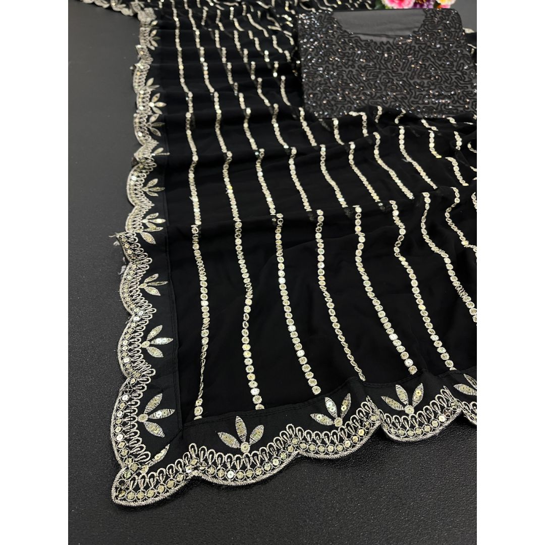 Matt Black Georgette Designer Saree