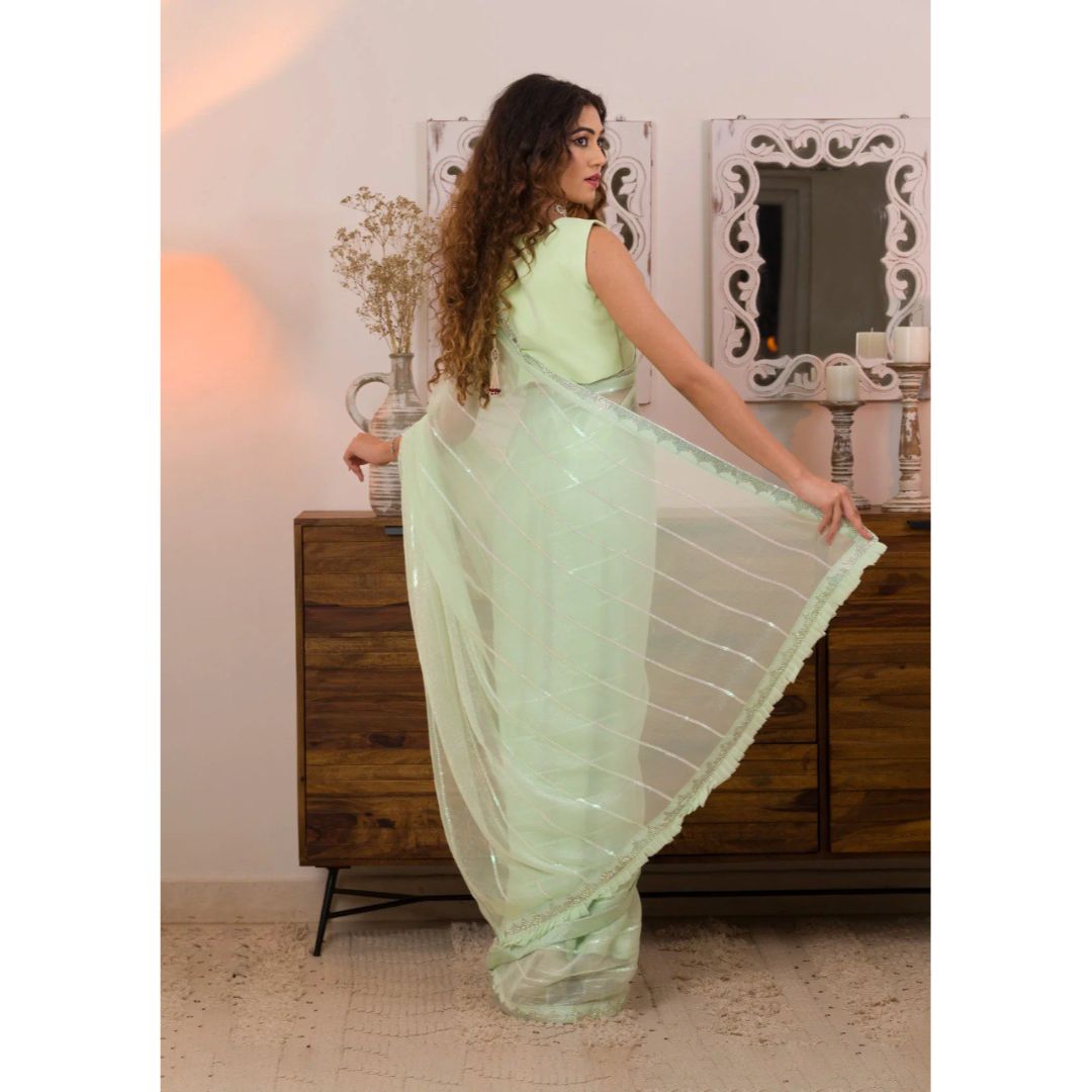 Light Green Fancy Tread Work Designer Saree