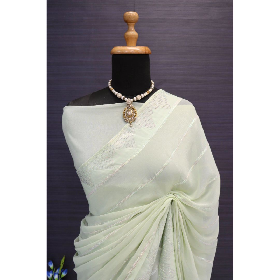 Light Green Fancy Tread Work Designer Saree