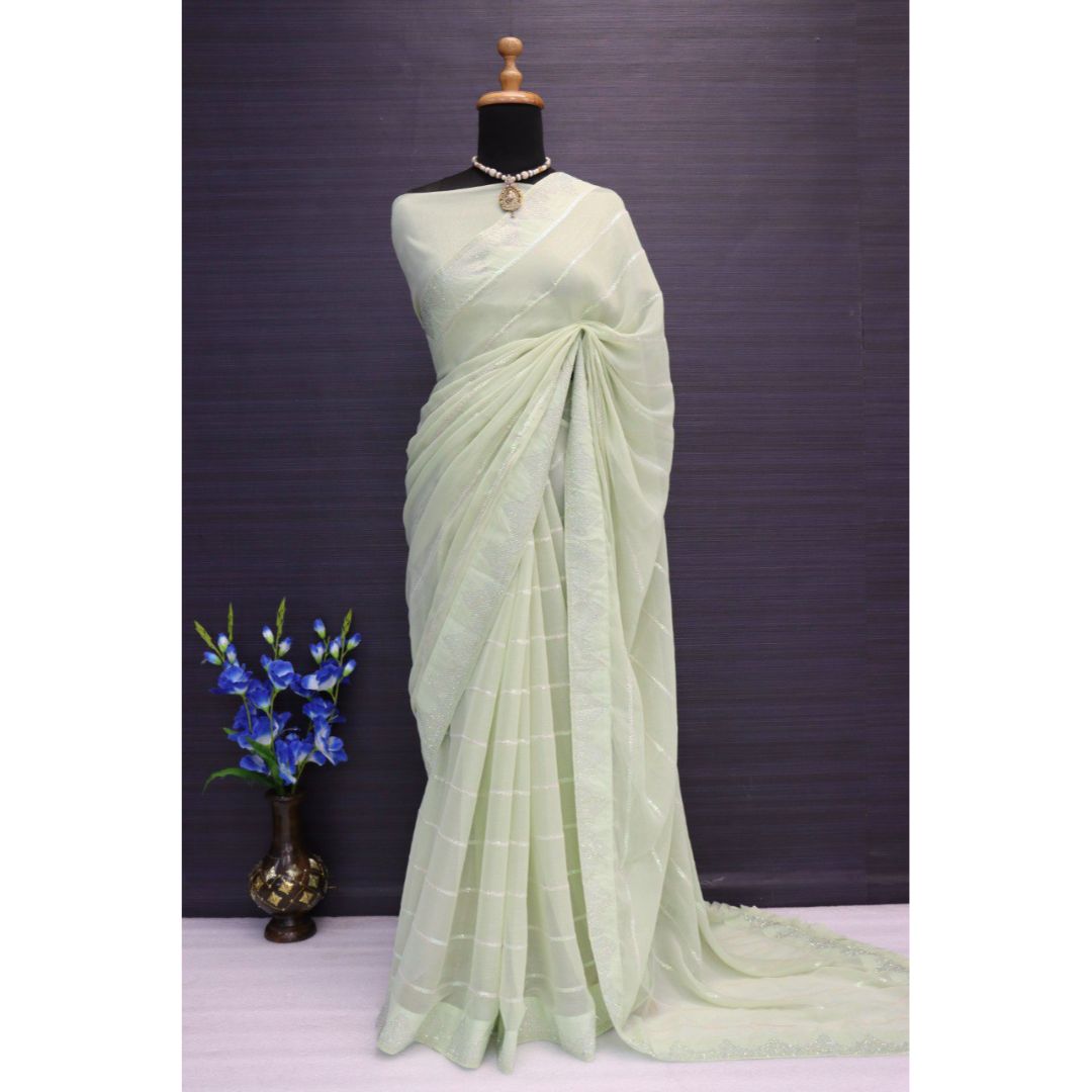 Light Green Fancy Tread Work Designer Saree