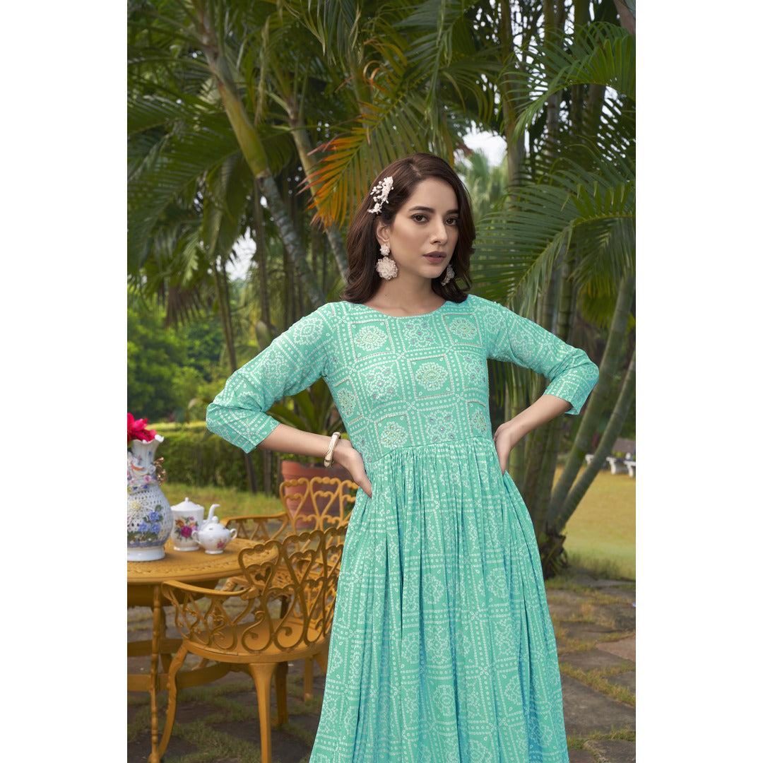 Aqua Green Long Designer Kurtis With Handwork